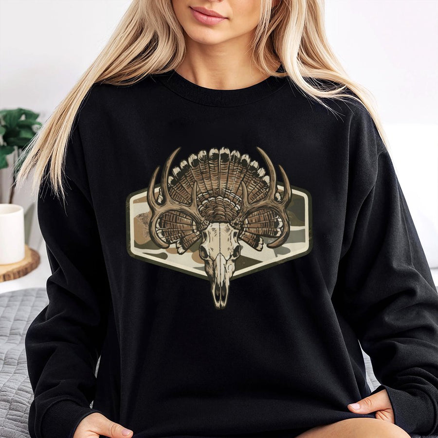 Deer Turkey Skull Hunting Sweatshirt | Rustic Camo Antler Graphic | Premium Cotton Blend | Gift for Outdoorsman and Hunter