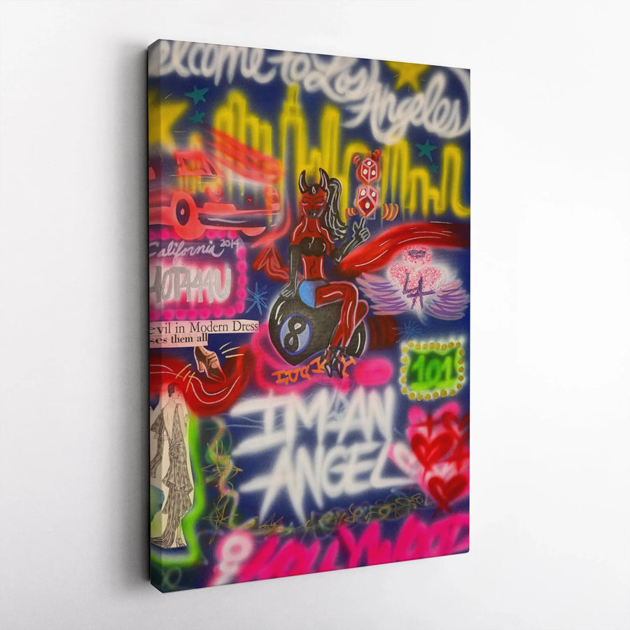 Los Angeles Graffiti Canvas Art | Devil Girl 8-Ball Wall Decor | Premium 1.25-Inch Gallery Wrap | Edgy Streetwear Bedroom Decor Gift