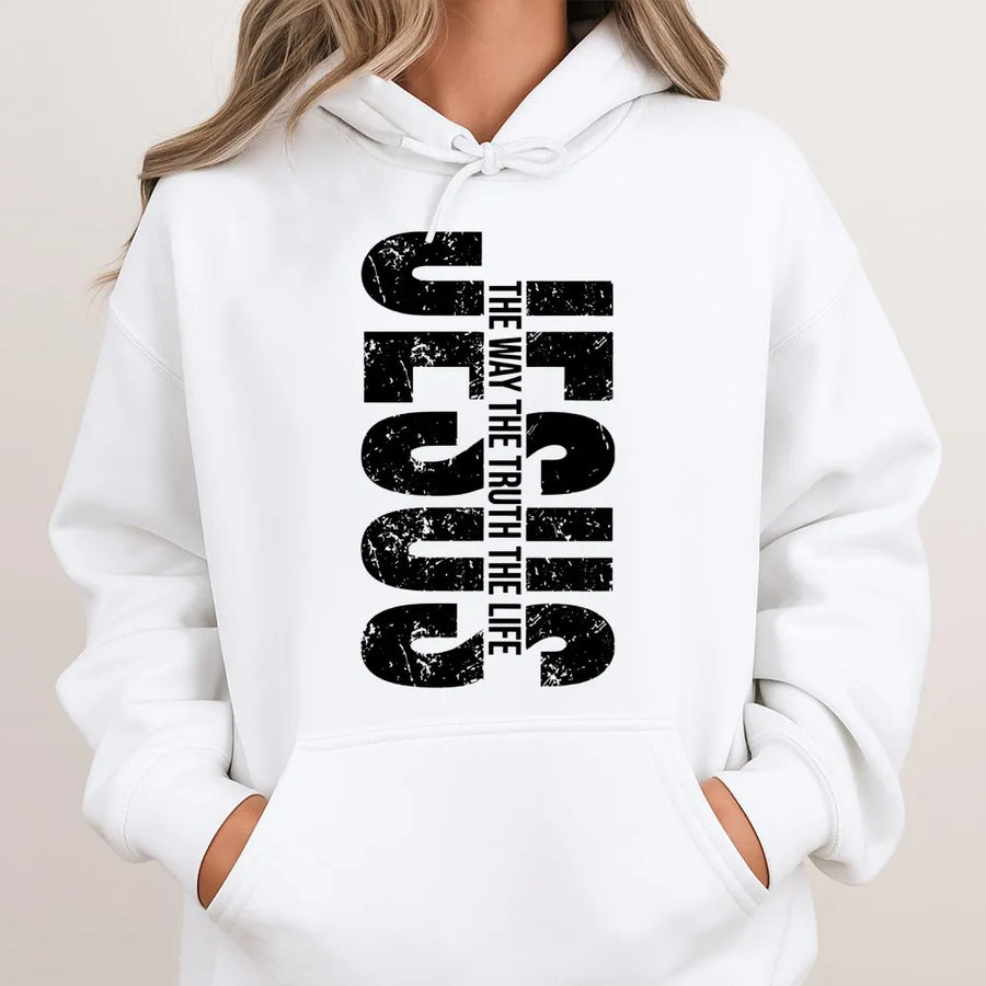 Jesus The Way The Truth The Life Hoodie | Distressed Religious Scripture Graphic | Soft Cotton Blend Premium Apparel | Christian Gift For Men And Women