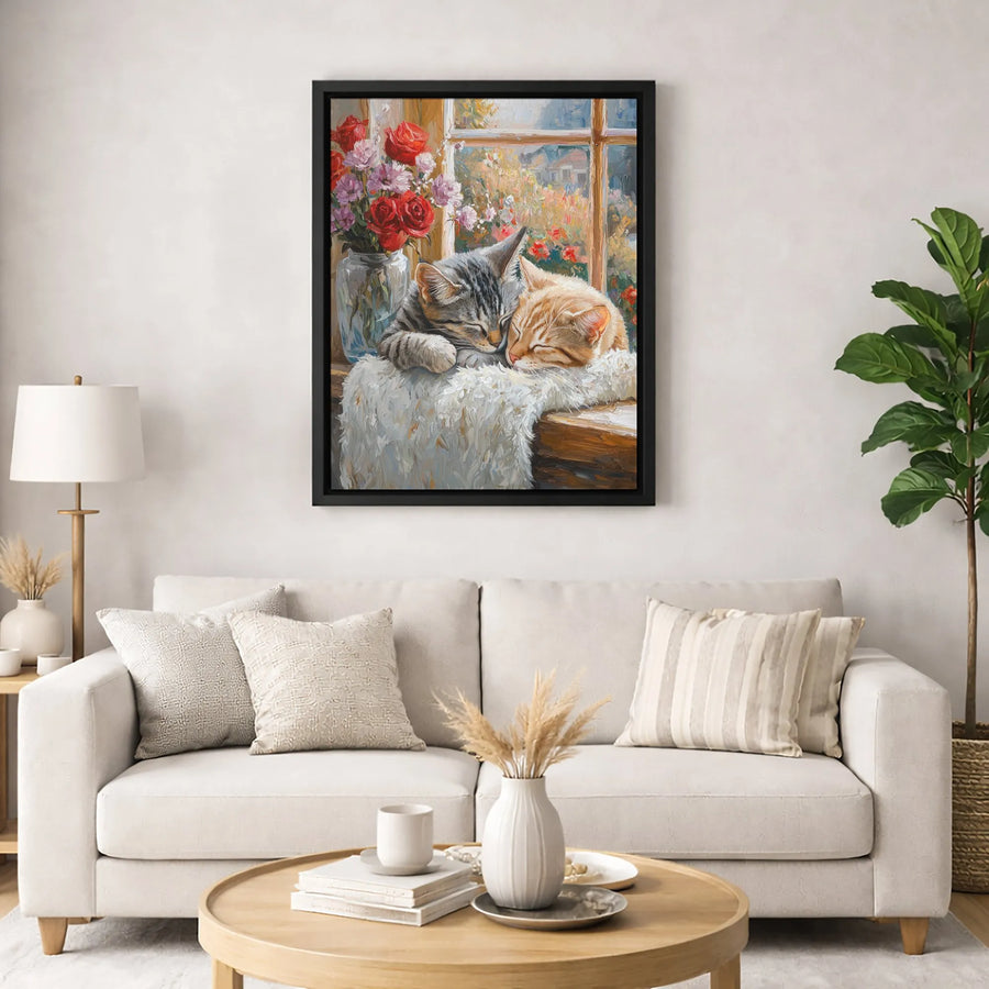 Sleeping Cats Canvas Wall Art | Impressionist Window Scene with Red Roses | Premium 1.25" Gallery Wrap | Cozy Home Decor Gift for Cat Lovers