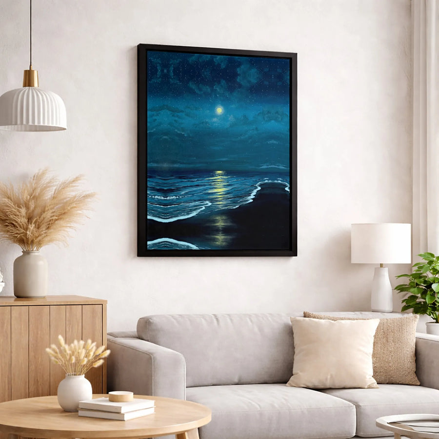 Moonlit Ocean Canvas Wall Art | Night Sky Seascape Print | Premium Fade-Resistant Gallery Wrap | Modern Coastal Decor for Bedroom or Living Room