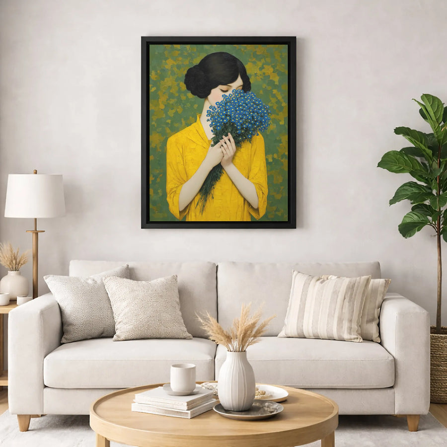Woman in Yellow Dress Canvas Print | Elegant Blue Flower Bouquet Wall Art | 1.25” Gallery Wrap Decor | Premium Fine Art Gift for Her