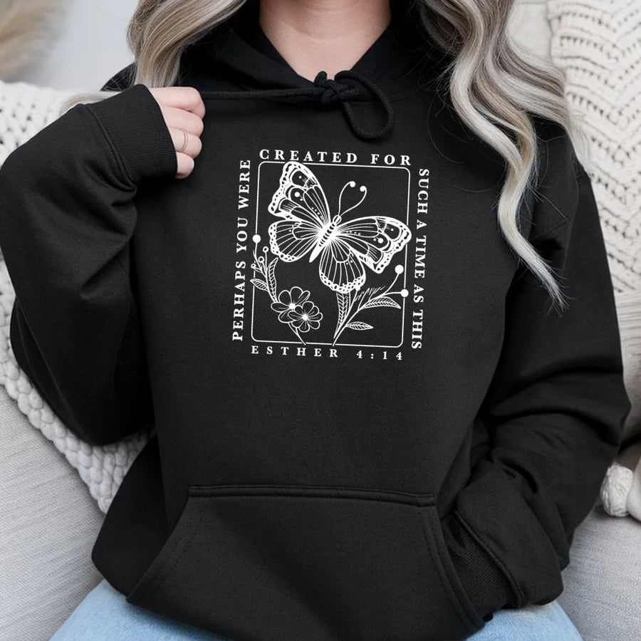 Esther 4:14 Hoodie | Created For Such A Time As This Butterfly Graphic | Premium Cotton Blend | Christian Gift For Women And Men