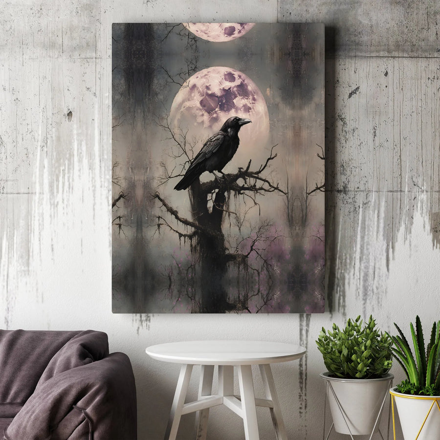 Gothic Raven Canvas Wall Art | Dark Forest Moon Silhouette | Premium 1.25-Inch Gallery Wrap | Spooky Home Decor Gift for Dark Academia Lovers
