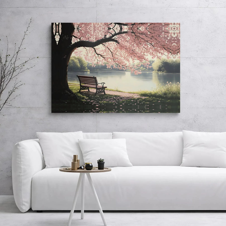 Cherry Blossom Canvas Wall Art | Peaceful Lake Landscape with Park Bench | 1.25-Inch Premium Gallery Wrap | Serene Nature Home Decor Gift