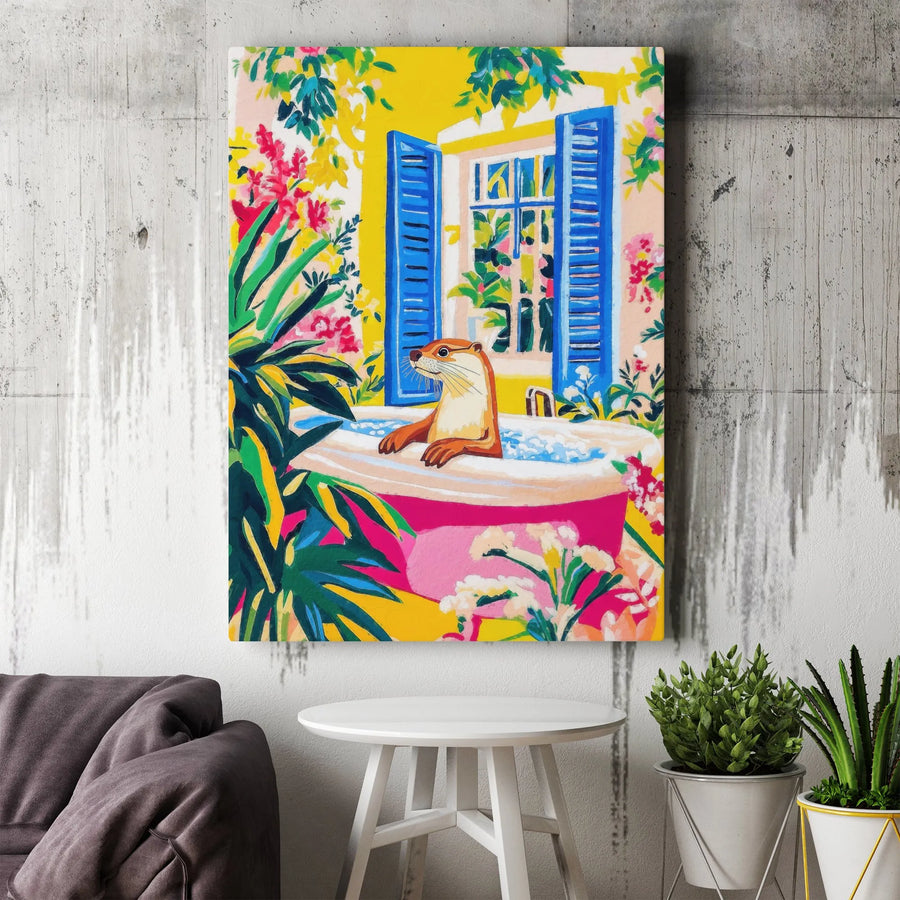 Whimsical Otter Canvas Print | Colorful Animal in Bathtub Art | Premium Gallery-Wrapped Canvas | Modern Bathroom Decor Gift for Animal Lovers