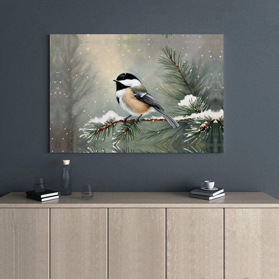 Chickadee Winter Canvas Print | Snowy Pine Branch Wall Art | Gallery Wrapped Premium Decor | Nature Lover Holiday Gift