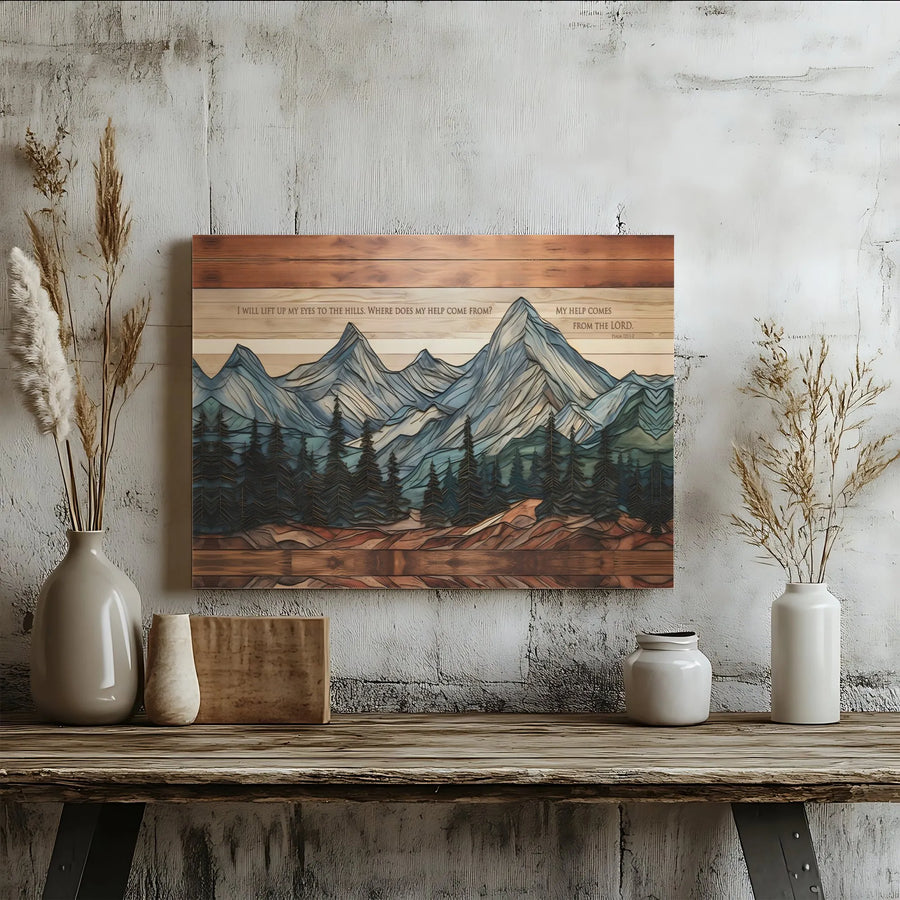 Psalm 121:1-2 Mountain Canvas Wall Art | Layered Wood Effect Landscape | Gallery-Wrapped Premium Print | Inspirational Religious Home Decor Gift