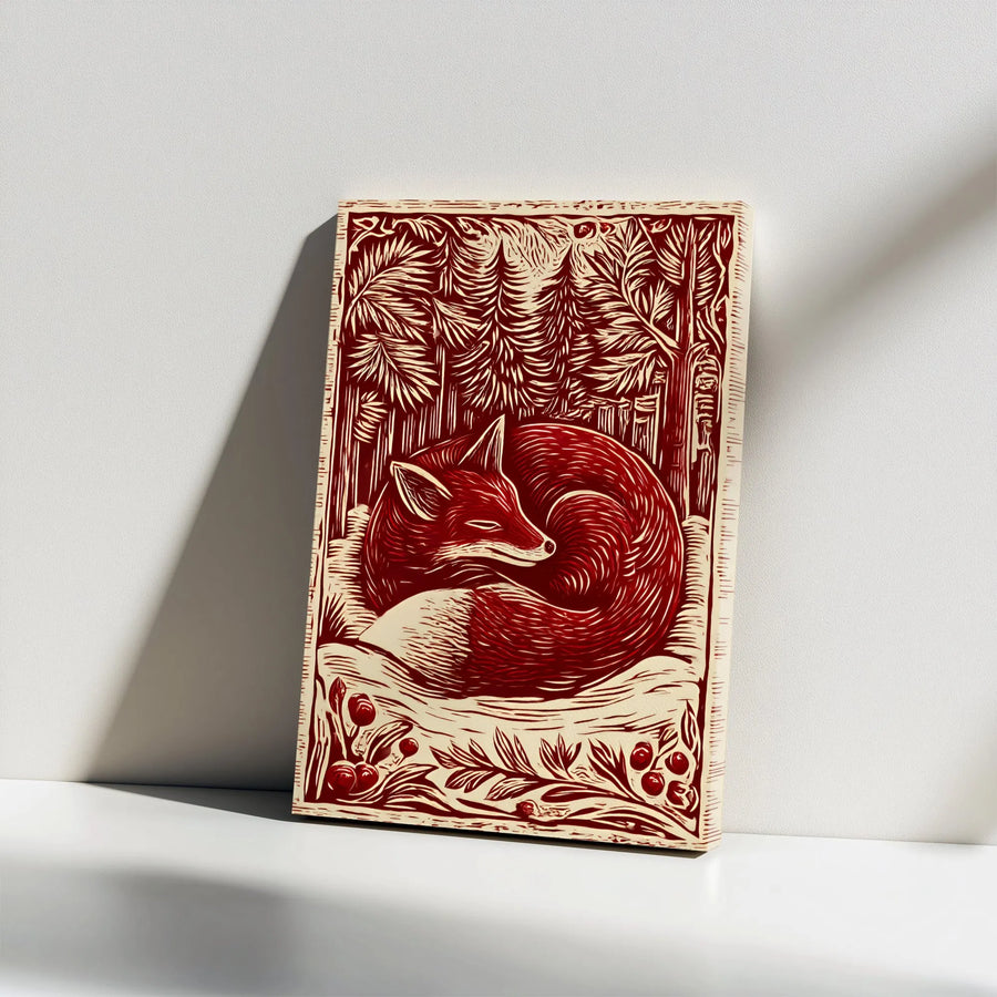 Sleeping Fox Wall Art | Woodcut Style Forest Print | Premium Gallery Wrap Canvas | Rustic Nature Decor for Woodland Nursery or Home