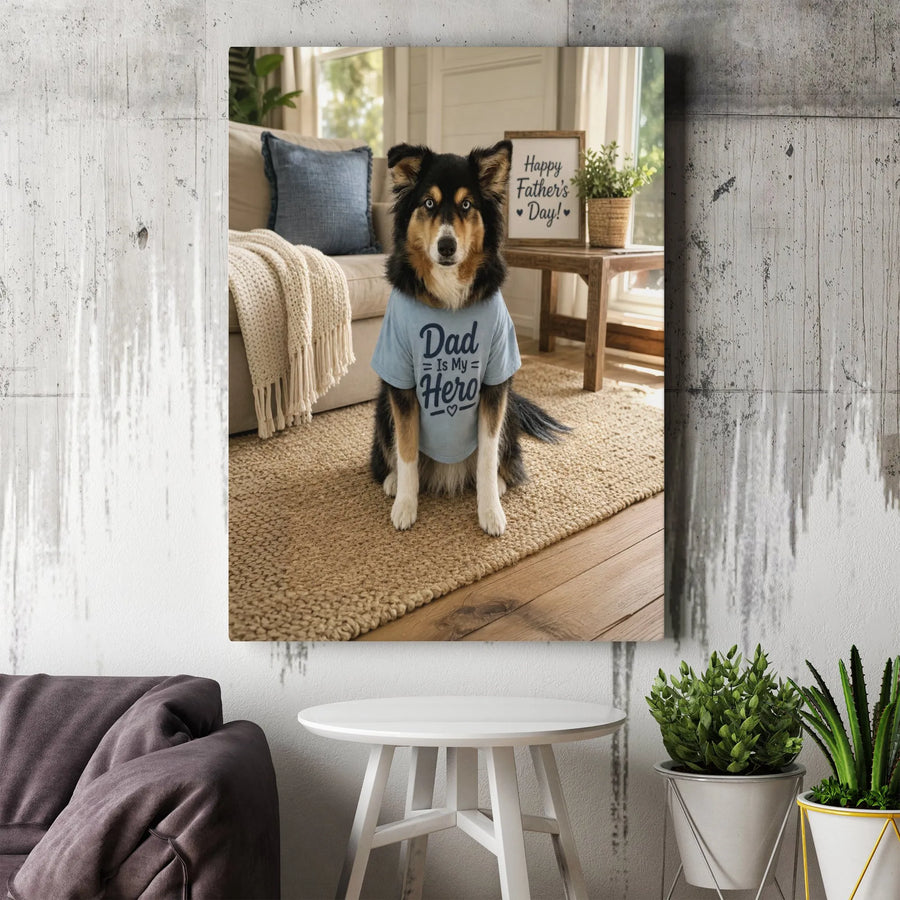 Father's Day Dog Vertical Canvas | Dad Is My Hero Cute Dog Portrait Print | 1.25" Frameless Gallery Wrap Wall Art | Heartwarming Gift for Dog Dads & Pet Lovers