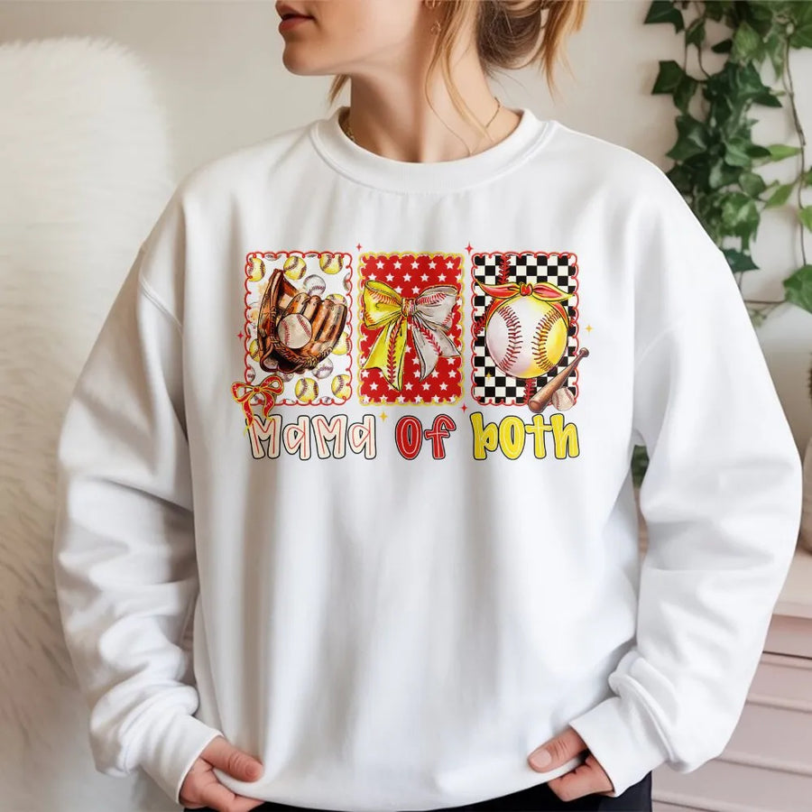 Sports Mom Sweatshirt | Mama of Both Baseball and Softball Graphic | Soft Cotton Blend Pullover | Game Day Gift for Mom