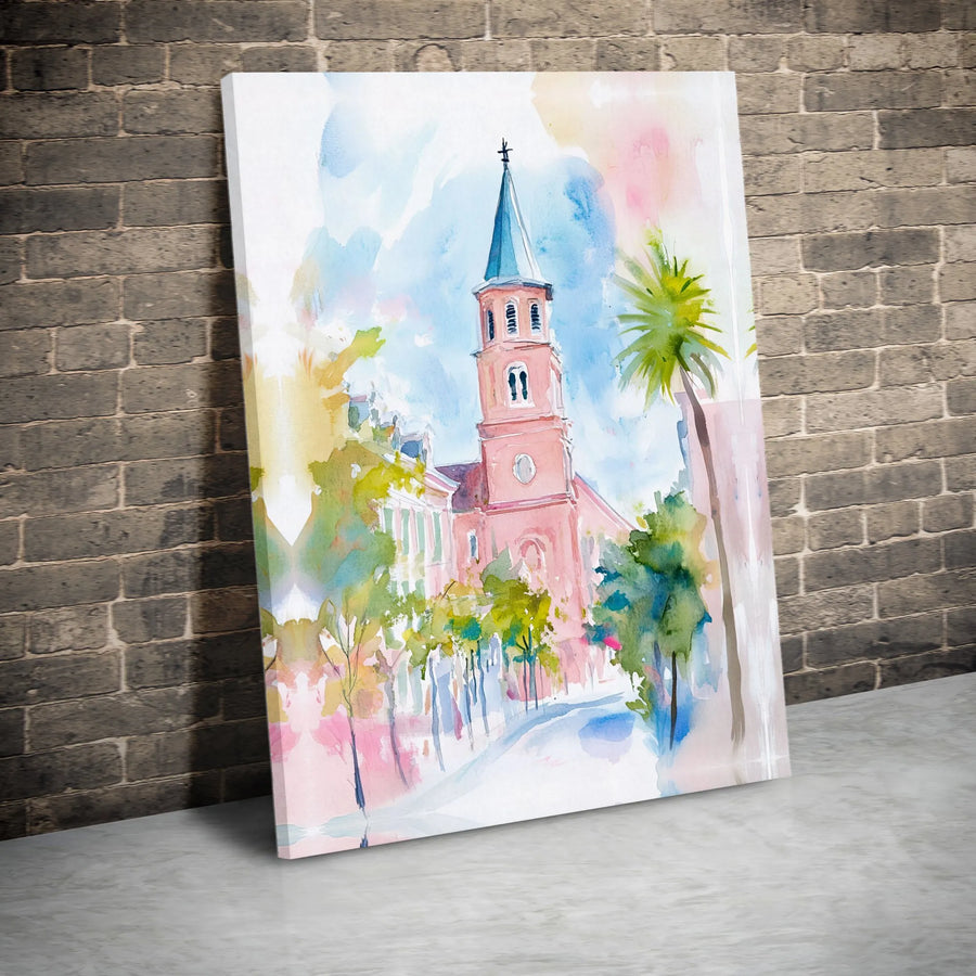 Watercolor Church Canvas Art | Coastal Palm Tree Cathedral Print | Premium Gallery-Wrapped Decor | Elegant Home & Office Wall Gift