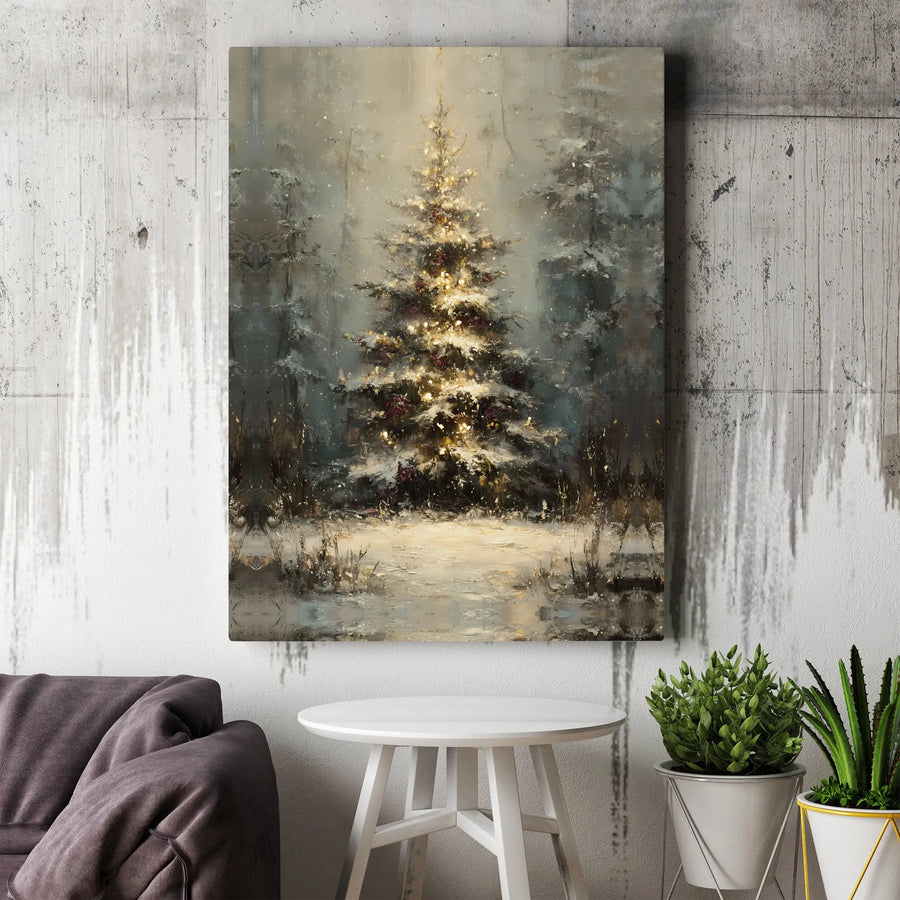 Glowing Christmas Tree Wall Art | Snowy Winter Forest Landscape | Premium Fade-Resistant Canvas | Holiday Home Decor Gift