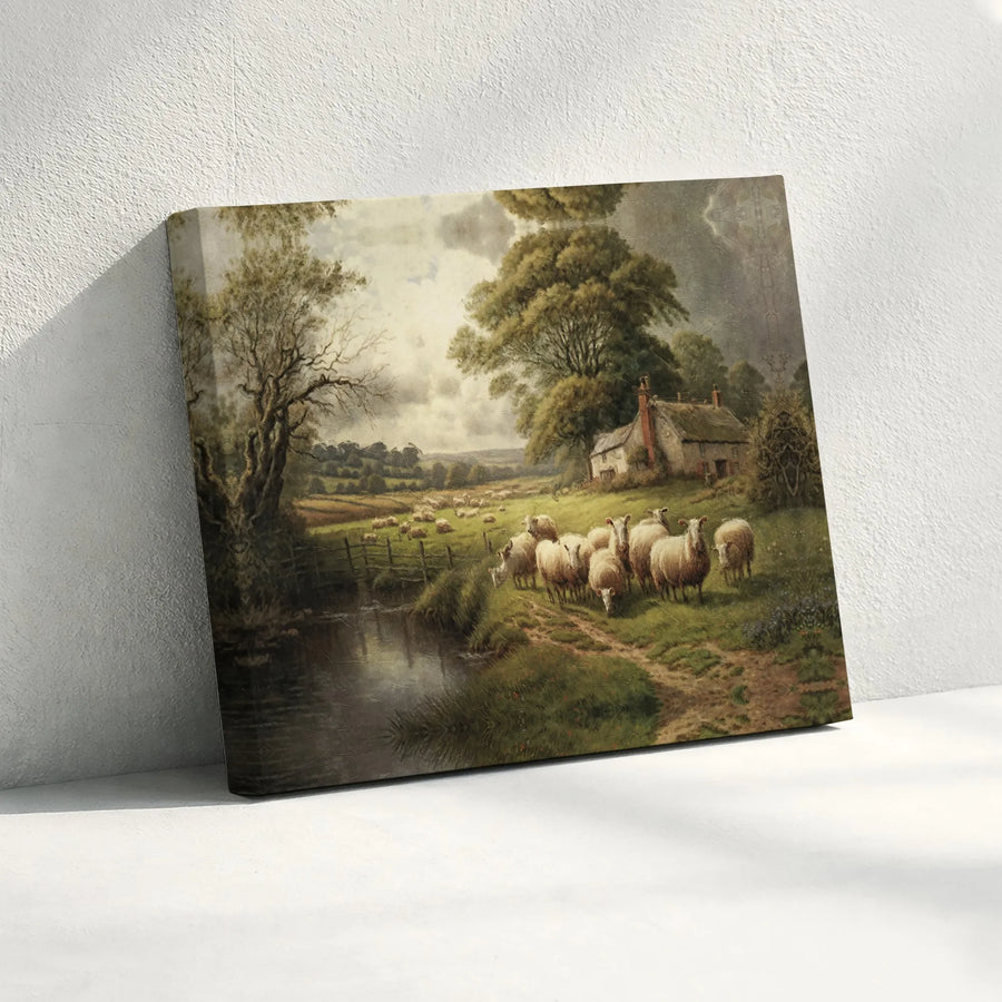 Vintage Farmhouse Sheep Painting Canvas Print | English Countryside Landscape Art | Premium Gallery Wrap Canvas | Rustic Living Room Decor Gift
