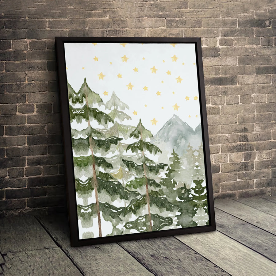 Watercolor Pine Forest Wall Art | Mountain and Stars Landscape Canvas | Premium Fade-Resistant Print | Nature Inspired Modern Home Decor