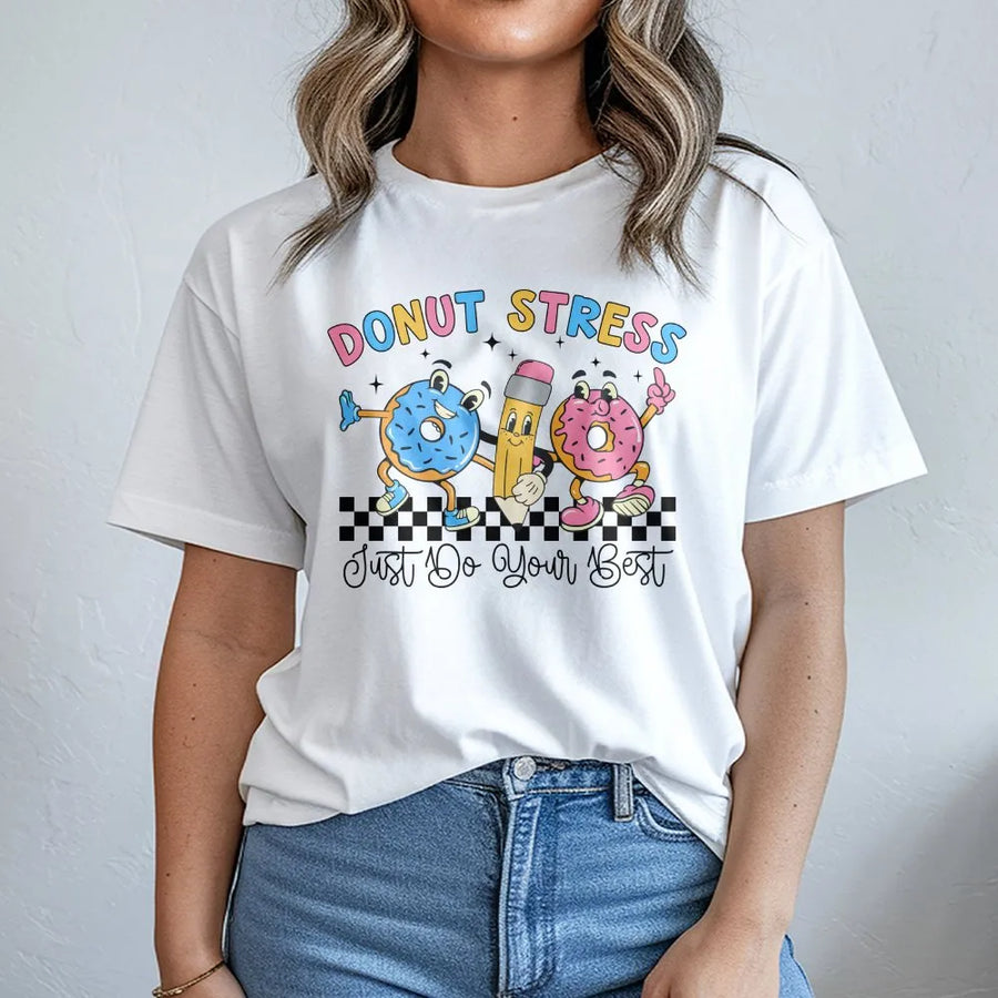 Donut Stress Teacher T-Shirt | Funny Retro Testing Day Graphic | Cozy Unisex Pullover | State Exam Motivation Gift for Teachers