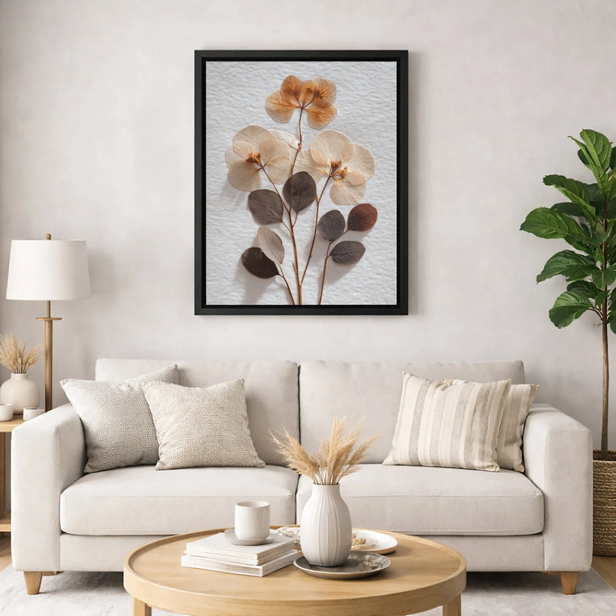 Pressed Flower Wall Art Canvas | Dried Botanical Floral Print | Premium Textured Minimalist Decor | Neutral Home Office Gift