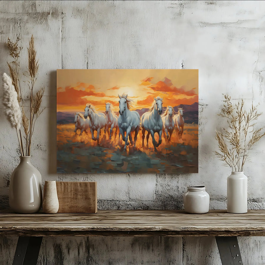 Seven White Horses Canvas Art | Running Horses Sunset Wall Decor | Premium Gallery Wrap Print | Southwestern Farmhouse Living Room Gift
