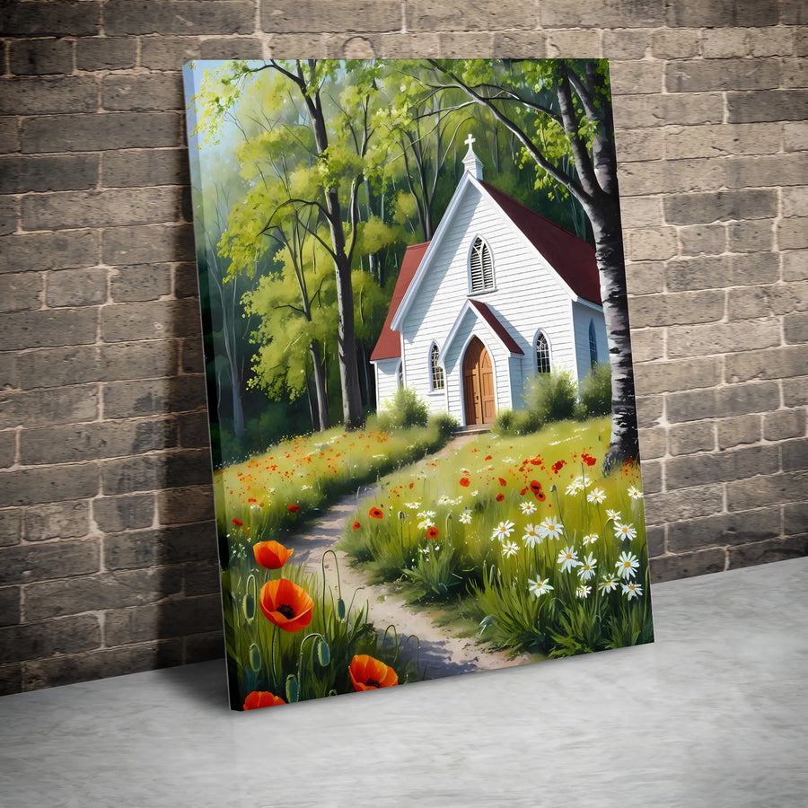 Country Church Canvas Wall Art | Woodland Meadow Poppies & Daisies Print | 1.25-Inch Gallery Wrap | Premium Religious Home Decor Gift