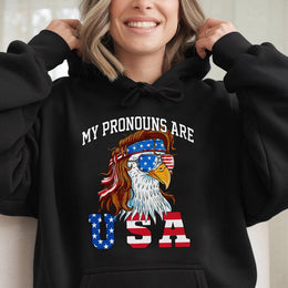 My Pronouns Are USA Eagle Hoodie | Patriotic Mullet Bald Eagle Graphic | Soft Cotton-Poly Blend | Funny 4th of July Gift for Americans