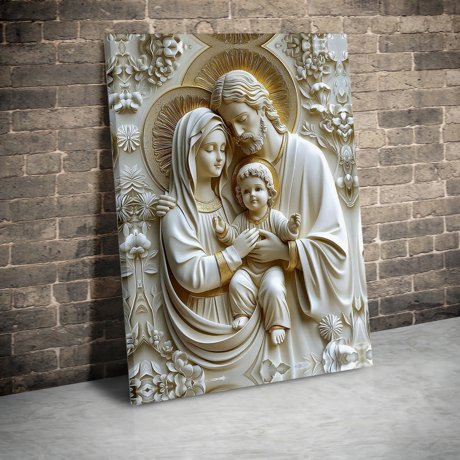 Holy Family Canvas Wall Art | 3D Relief Style Religious Print | Premium Gallery Wrapped Canvas | Christian Home Decor Gift