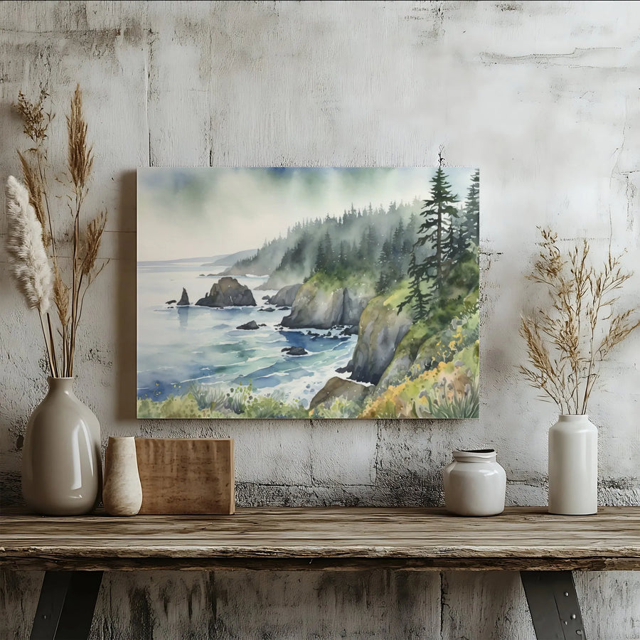 Coastal Canvas Wall Art | Pacific Northwest Watercolor Painting | Premium Fade-Resistant Print | Nature Lover Gift & Living Room Decor