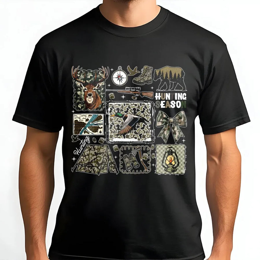 Hunting Season T-Shirt | Retro Camo Deer and Duck Graphic | Premium Soft Cotton | Outdoor Enthusiast Gift for Men and Women