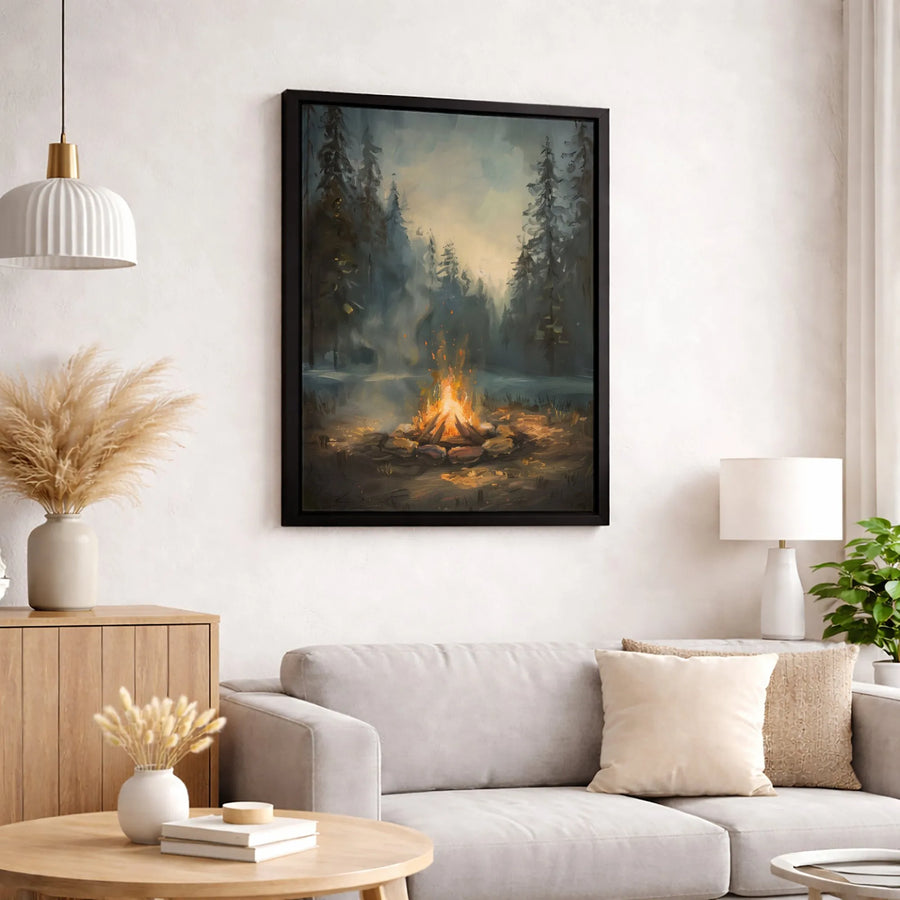 Campfire Forest Canvas Wall Art | Misty Pine Landscape Painting | Premium Gallery Wrap Print | Rustic Cabin Decor Gift for Nature Lovers