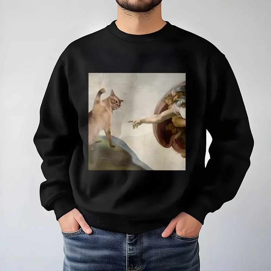 Cat Creation Of Adam Sweatshirt | Funny Renaissance Art Meme | Premium Cotton Blend | Gift For Cat Lovers And Art Enthusiasts