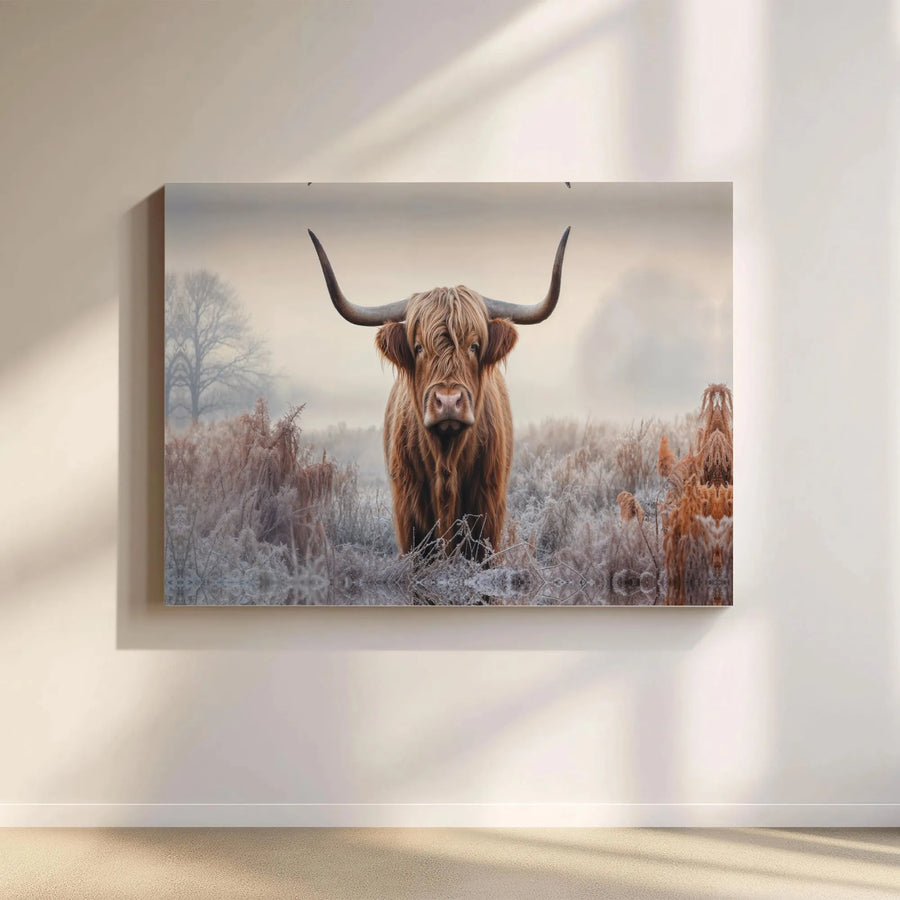Highland Cow Wall Art | Frosty Winter Meadow Canvas Print | Premium Gallery Wrap Decor | Farmhouse Living Room Gift