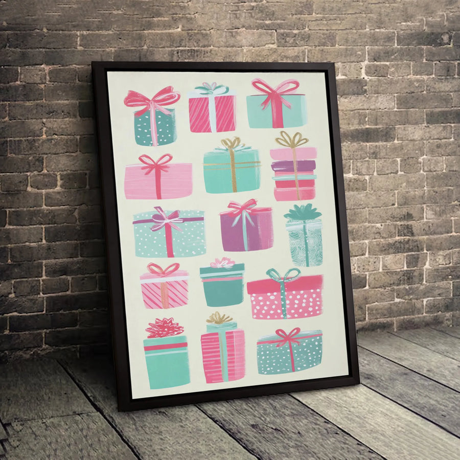 Colorful Gift Boxes Wall Art | Festive Present Illustration Print | Premium 1.25-Inch Gallery Canvas | Holiday Home Decor Gift