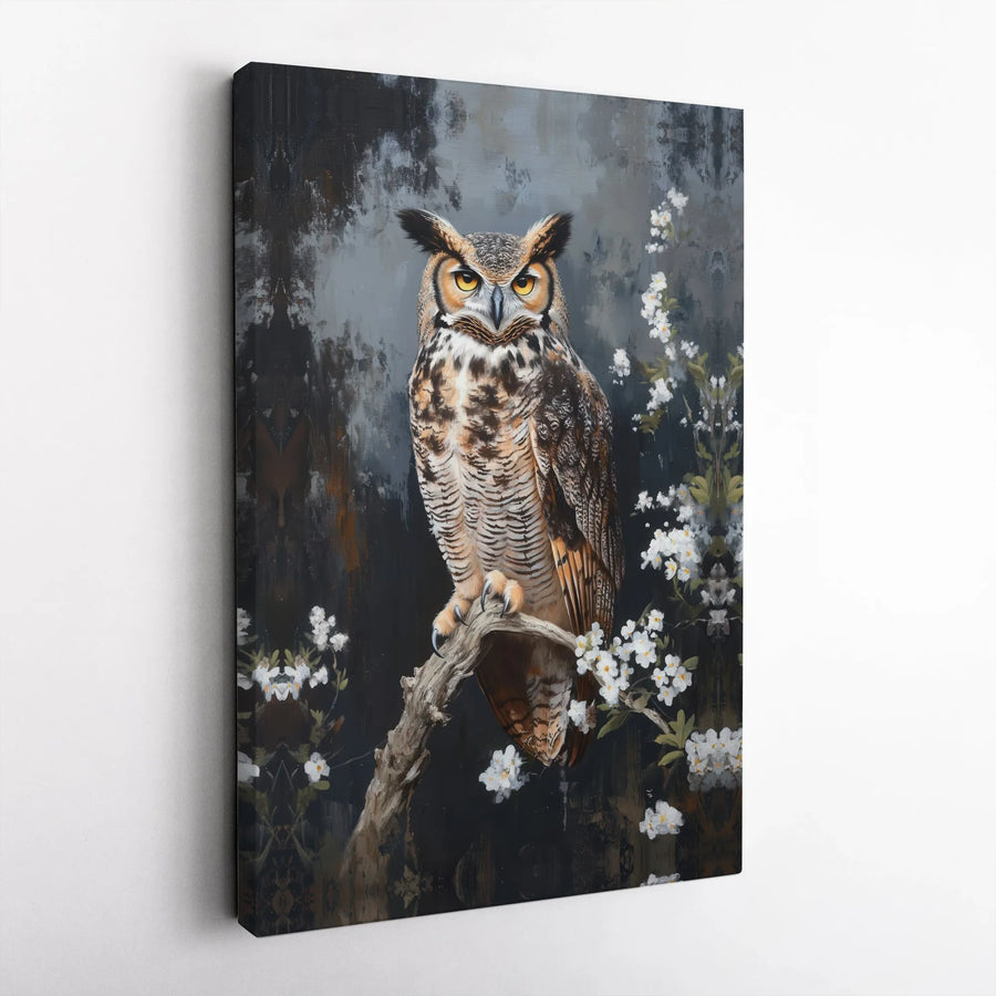 Great Horned Owl Canvas Wall Art | Moody Forest Wildlife Painting | Premium Gallery Wrap Print | Nature Lover Home Decor Gift