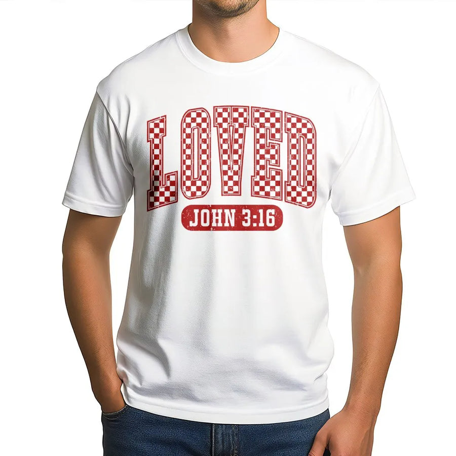 Loved John 3:16 T-Shirt | Retro Checkered Graphic Print | Premium Soft Cotton Tee | Christian Valentine's Day Faith Gift for Men and Women