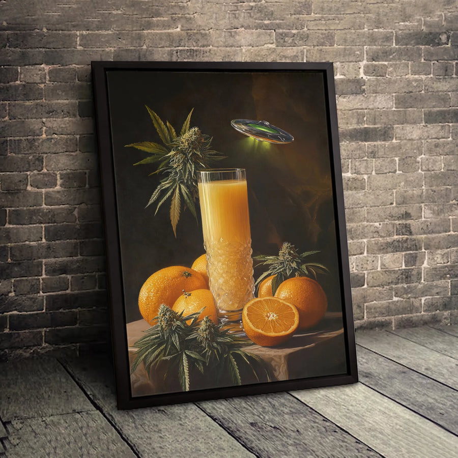 Surreal Still Life Canvas Print | UFO Orange Juice Marijuana Aesthetic Wall Art | Premium Gallery Wrapped Decor | Unique Home Gift For Stoner
