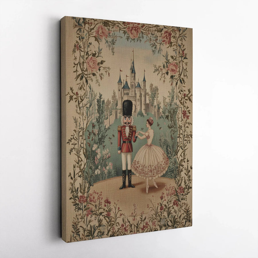 Nutcracker Ballet Canvas Art | Vintage Ballerina And Castle Floral Print | Gallery Wrap Home Decor | Holiday Christmas Gift For Dancers