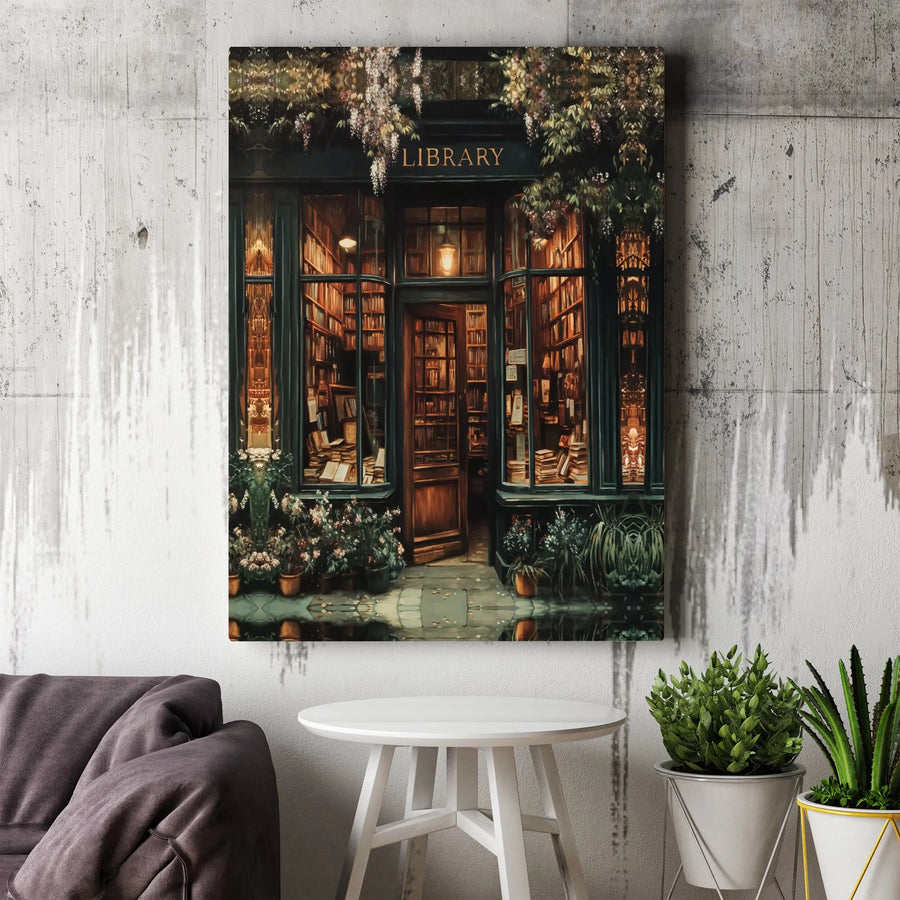 Library Canvas Wall Art | Cozy Bookstore Front Night View | Premium Gallery Wrap Print | Book Lover Gift Idea for Home Office Decor