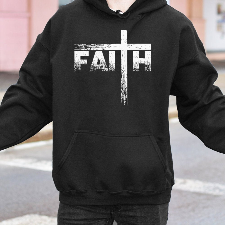 Faith Cross Hoodie | Distressed Typography Graphic Print | Premium Cotton Blend | Christian Religious Gift for Men and Women