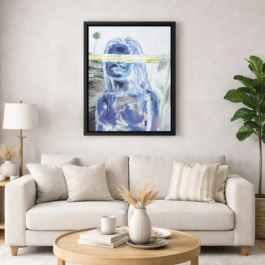 Abstract Woman Canvas Wall Art | Blue Pop Art Portrait with Palm Tree | Gallery-Wrapped Premium Decor | Modern Minimalist Living Room Gift