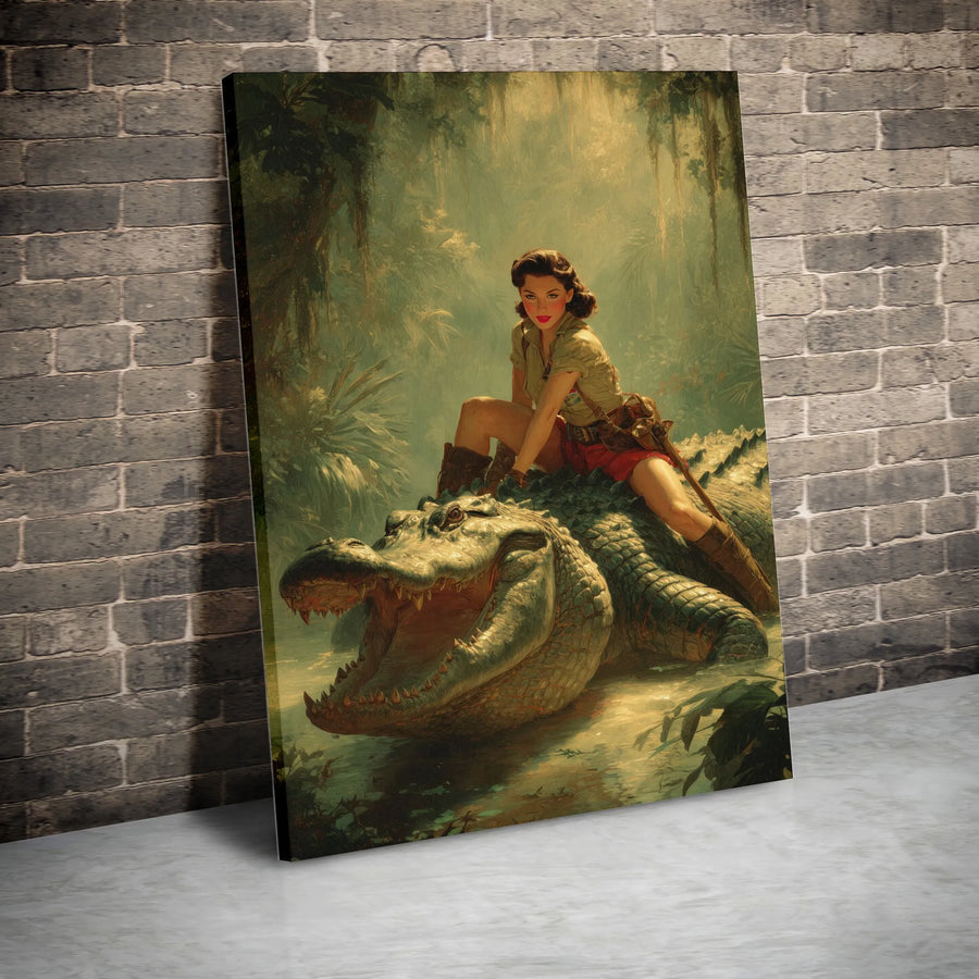 Jungle Explorer Pin-Up Girl Wall Art | Vintage Safari Alligator Illustration | Premium 1.25" Gallery Canvas | Unique Man Cave Home Decor