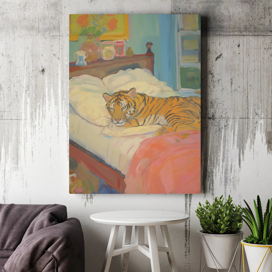 Tiger In Bed Canvas Print | Impressionist Wildlife Wall Art | Gallery Wrapped Premium Material | Unique Bedroom Decor For Animal Lovers