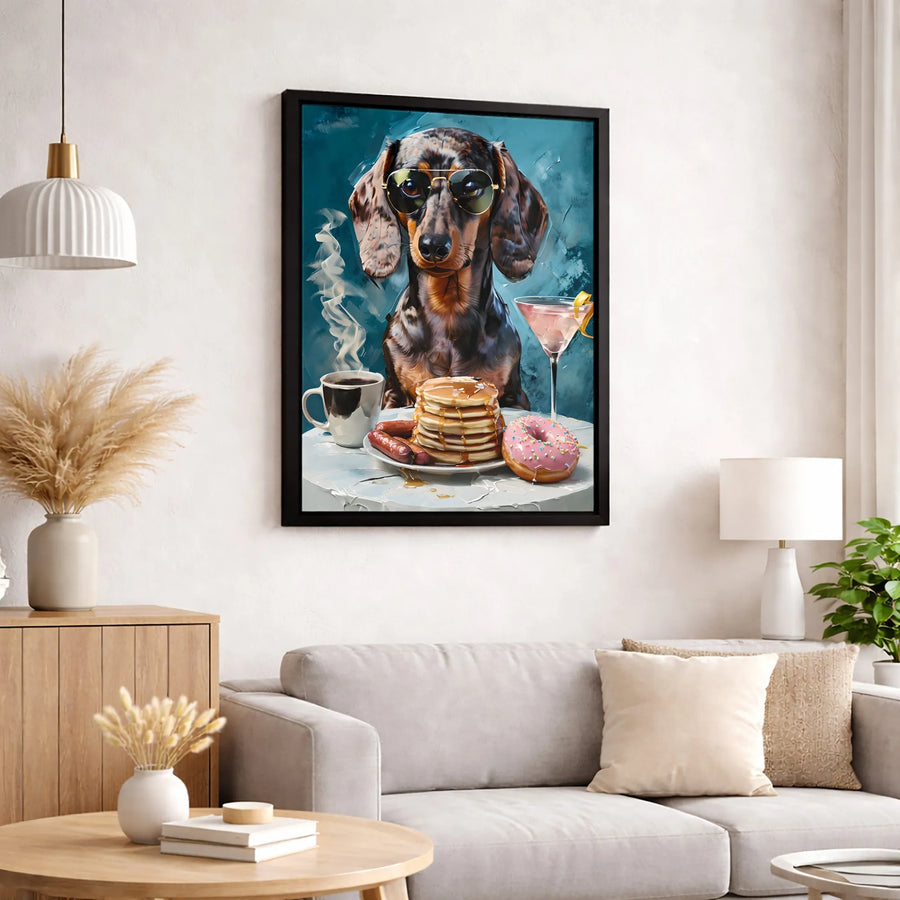 Dachshund Canvas Wall Art | Cool Dog Wearing Sunglasses Breakfast Print | 1.25 Inch Gallery Wrap | Unique Gift for Dog Lovers