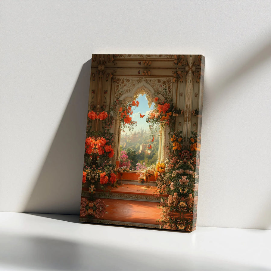 Romantic Floral Window Canvas Art | Fairytale Castle View Print | Premium Gallery Wrapped Canvas | Whimsical Wall Decor Gift for Her