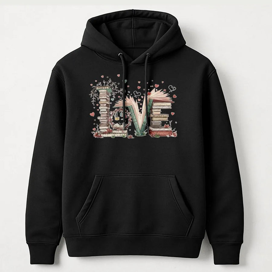 Book Lover Hoodie | Love Typography Stacked Books Graphic | Soft Cotton Blend Aesthetic | Gift for Readers Librarians Bookish Women