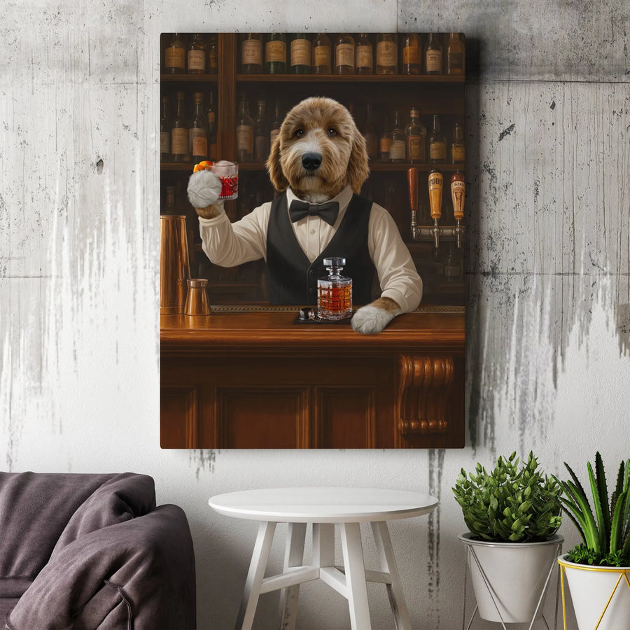 Goldendoodle Bartender Wall Art | Whimsical Dog Cocktail Print | Premium Gallery Wrap Canvas | Unique Gift For Dog Lovers And Bar Decor