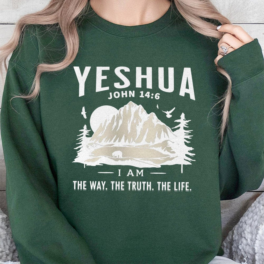Yeshua John 14:6 Sweatshirt | Faith-Based Mountain Nature Graphic | Premium Cotton Blend | Christian Gift For Men And Women