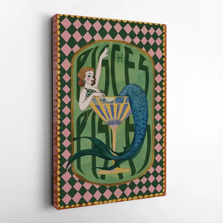 Pisces Zodiac Wall Art | Art Deco Mermaid Cocktail Print | Premium Gallery Wrap Canvas | Unique Astrology Gift for Her