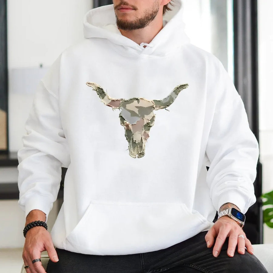 Western Cow Skull Hoodie | Camo Patchwork Longhorn Graphic | Soft Comfort Colors Tee | Rustic Farmhouse Gift for Men and Women
