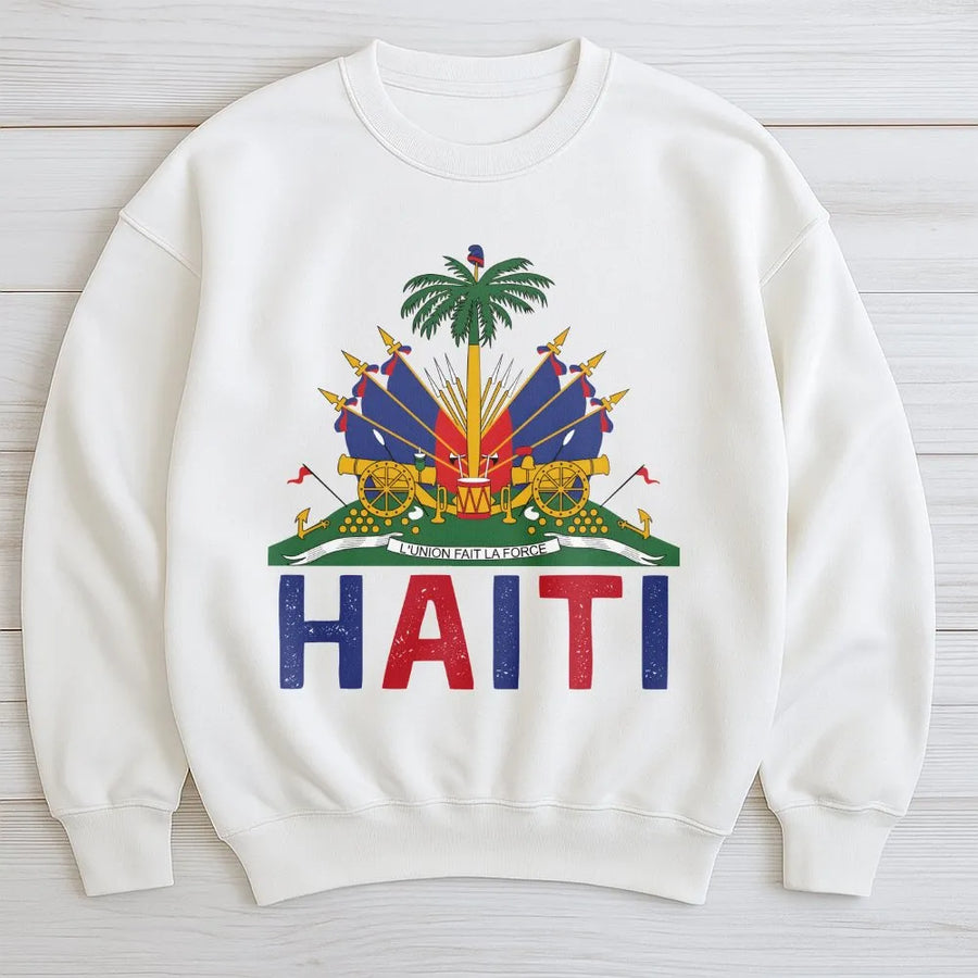 Haitian Pride Sweatshirt | Vintage Haiti Coat of Arms Graphic | Soft 100% Cotton | Freedom Began With Us Patriotic Gift