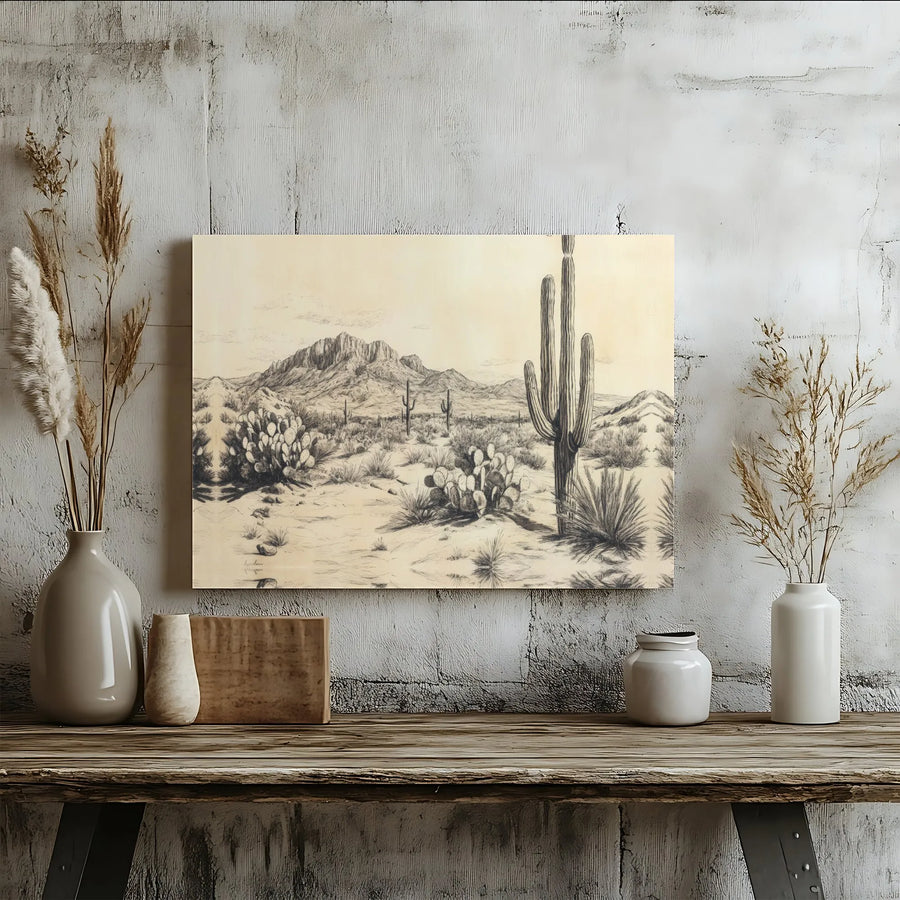 Desert Landscape Canvas Print | Vintage Saguaro Cactus Sketch | Premium Gallery Wrap Wall Art | Southwestern Home Office Decor Gift