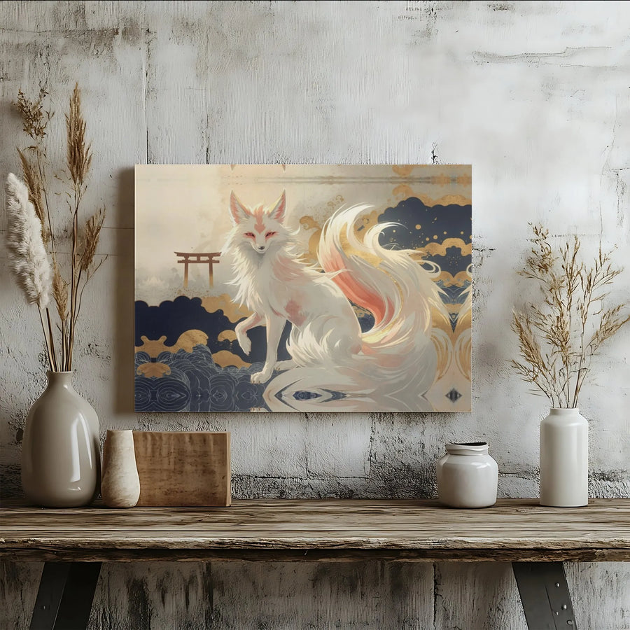 Japanese Kitsune Canvas Wall Art | Mythical Nine-Tailed Fox with Torii Gate | Premium Gallery Wrap Print | Zen Home Decor Gift for Fantasy Lovers